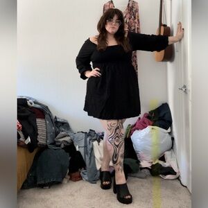 Long Sleeve Smocked Black Mini Dress